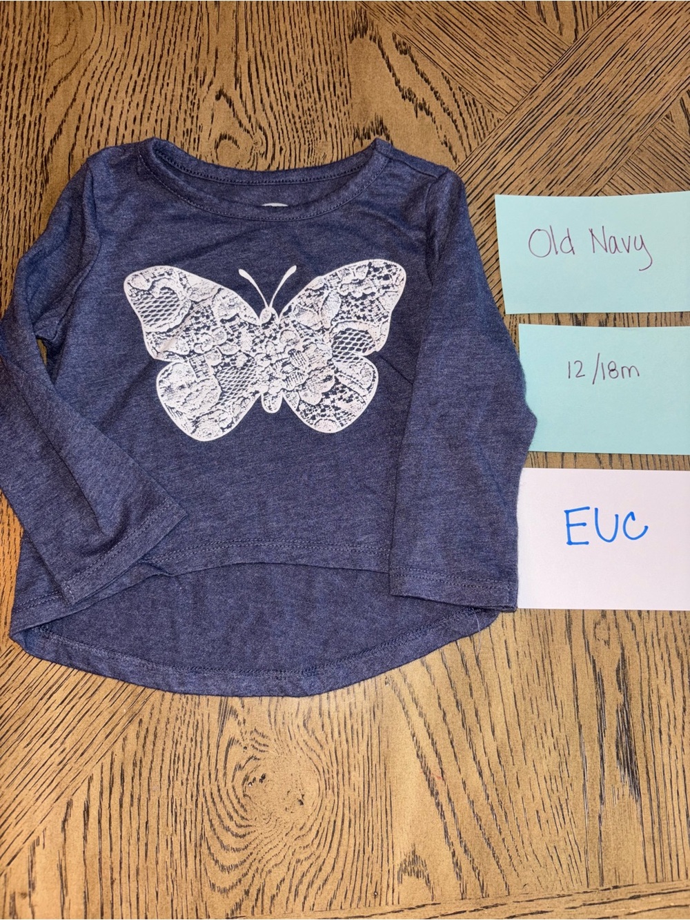 Old Navy Dark Blue Long-Sleeve Tee with White Lace Butterfly